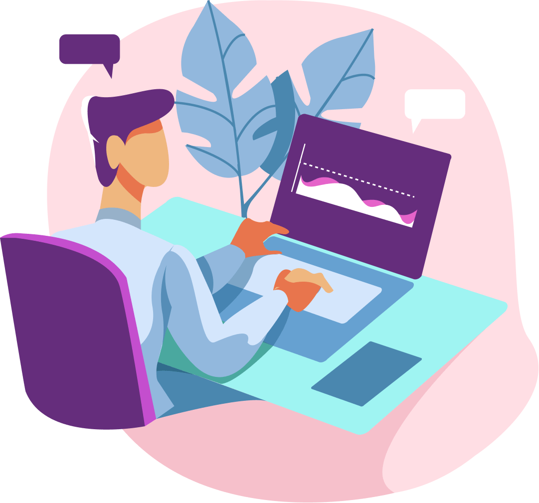 Cartoon person works on computer analytics