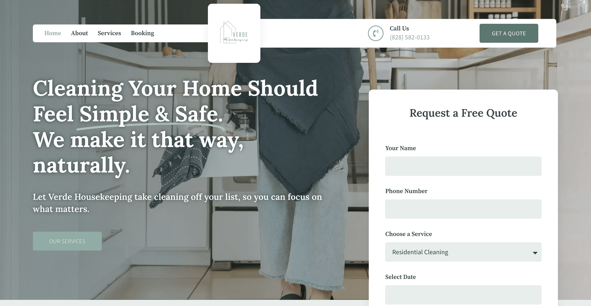 Homepage of Verde Housekeeping, a website designed by Barefoot Build